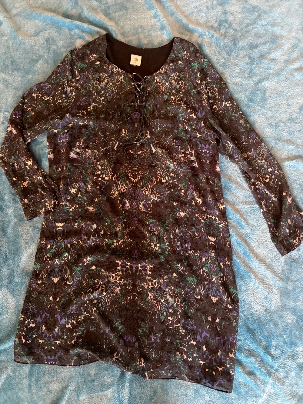 CAbi Long Sleeve Lace-Up Floral Tunic Dress in Black, Purple, Green